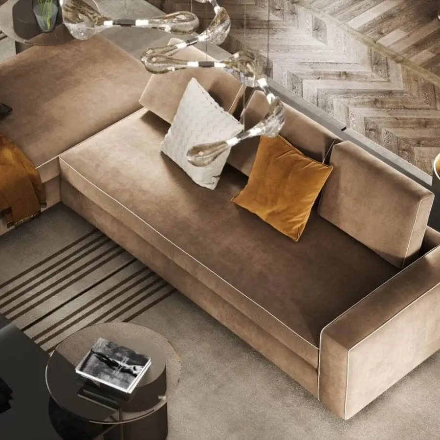 Exceptional Reflex Adone sectional upholstered in medium brown textile with lighter beige tones and white, brown, gold pillows