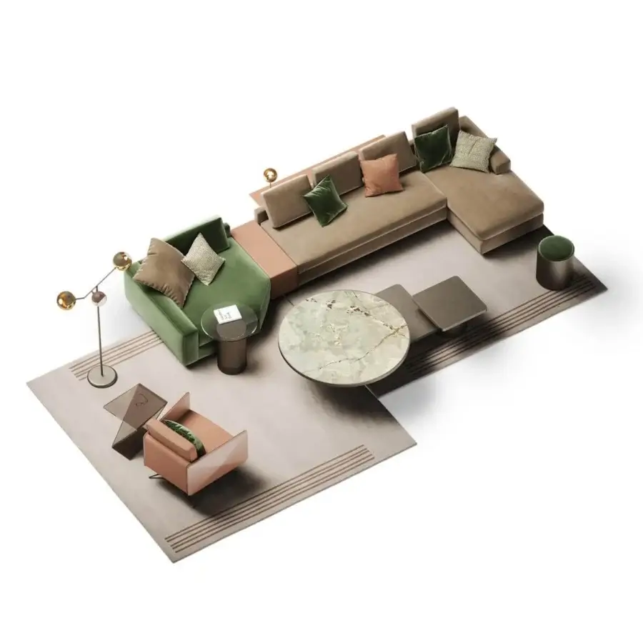 Superior Reflex Adone sectional built with wood, polyurethane foam and fabrics in muted brown, green, peach tones with sleek lines and gentle curves