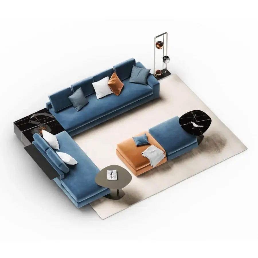 Lavish Reflex Adone sectional upholstered in muted blue textile with coordinating tables featuring grey and black tops