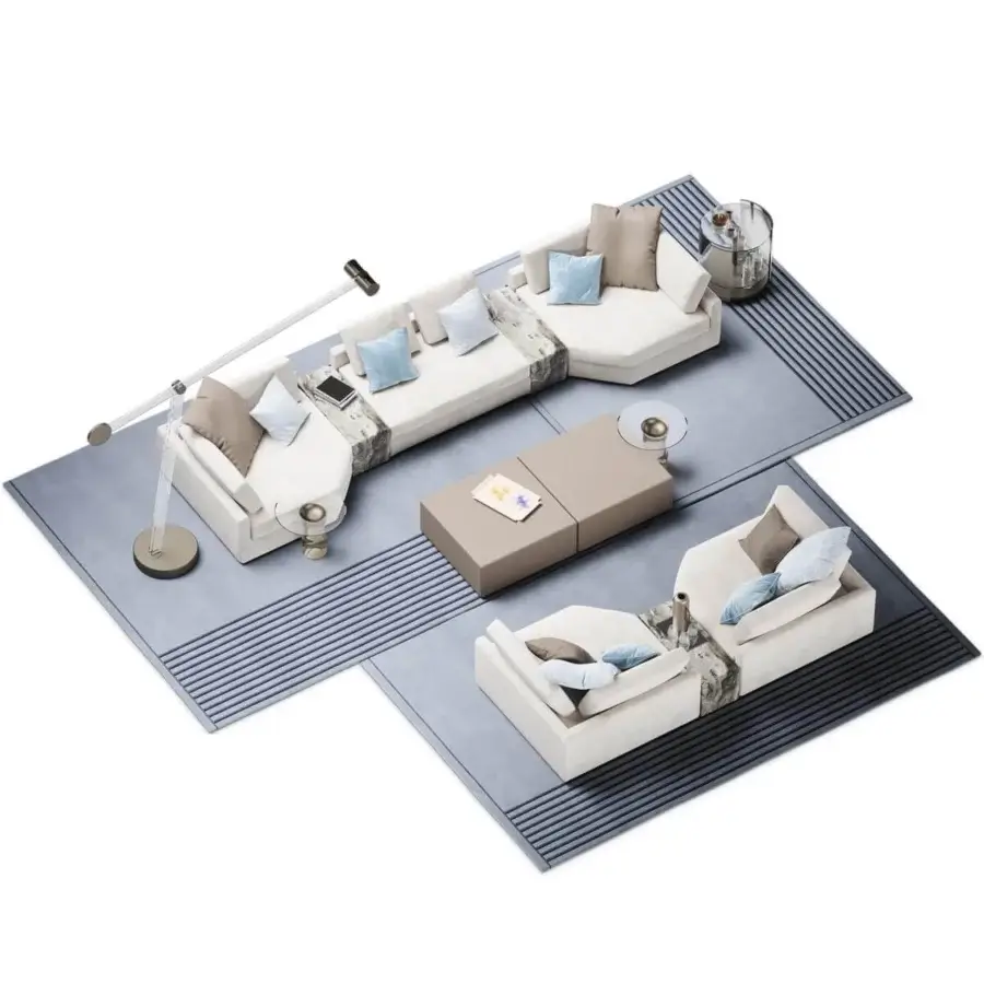 Distinguished Reflex Adone sectional with wooden structure, coupled fabric upholstery and marble-like side panels offering goose feather cushions