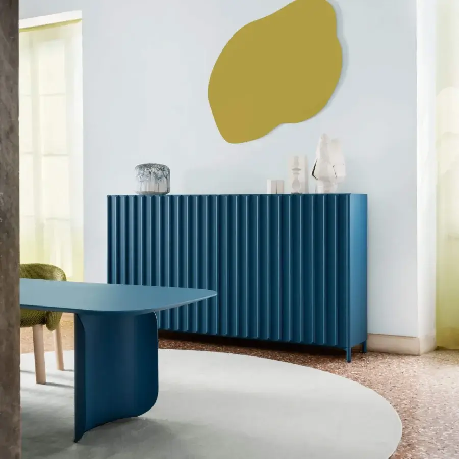 Elegant Miniforms Containerup bar cabinet crafted in Italy with dark blue lacquered finish and corrugated facade