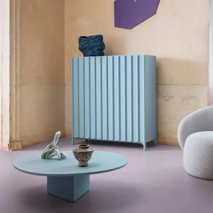 Captivating Miniforms Containerup bar cabinet in light blue lacquer with distinctive ridged texture and clean geometric silhouette