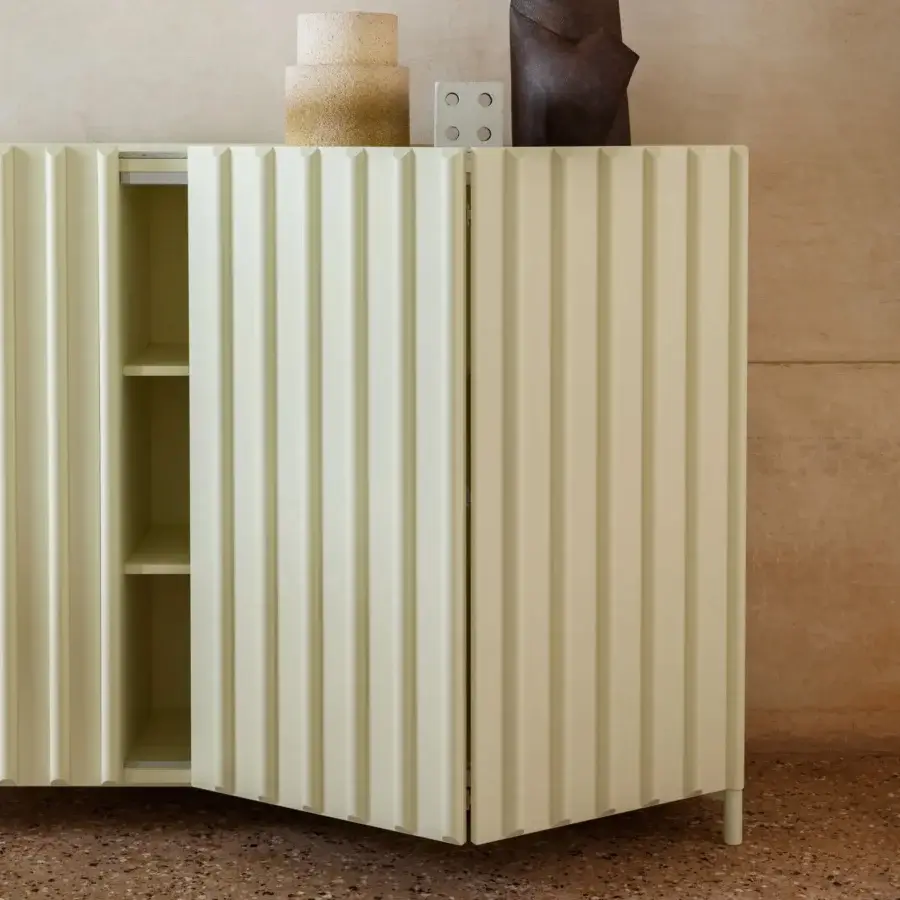 Exceptional Miniforms Containerup bar cabinet with creamy off-white lacquered finish and textured ribbed panels crafted in Italy