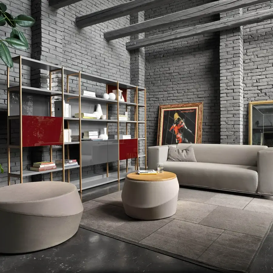 Superior Casamania Giro ottoman with a rounded silhouette and two-tone beige fabric upholstery presenting Italian design elegance