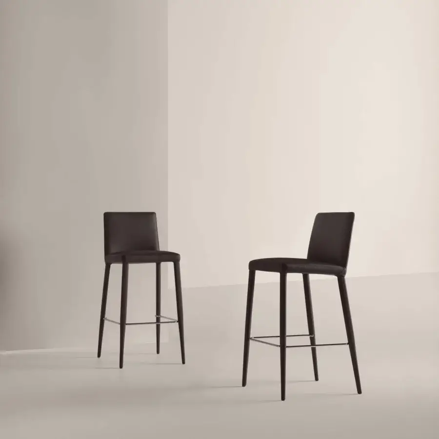 Elegant Frag Bella stool crafted in Italy with dark brown leather upholstery and dark tone metal frame