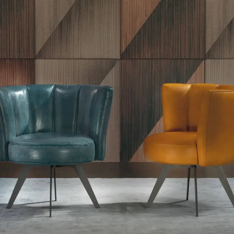 Exceptional Borzalino Diva lounge chair with glossy mustard-yellow leather upholstery and sleek matte metal legs
