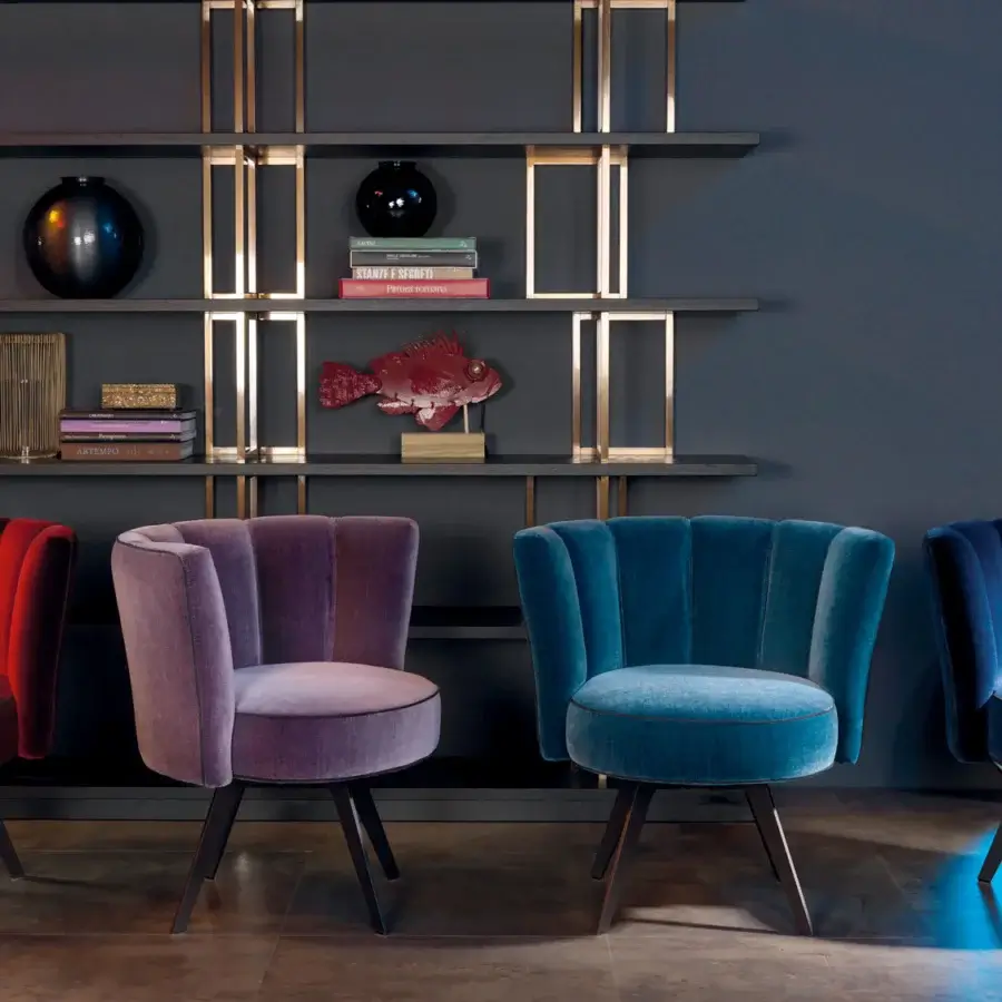 Superior Borzalino Diva lounge chair with art deco shell and plush teal textile upholstery with lacquered metal base