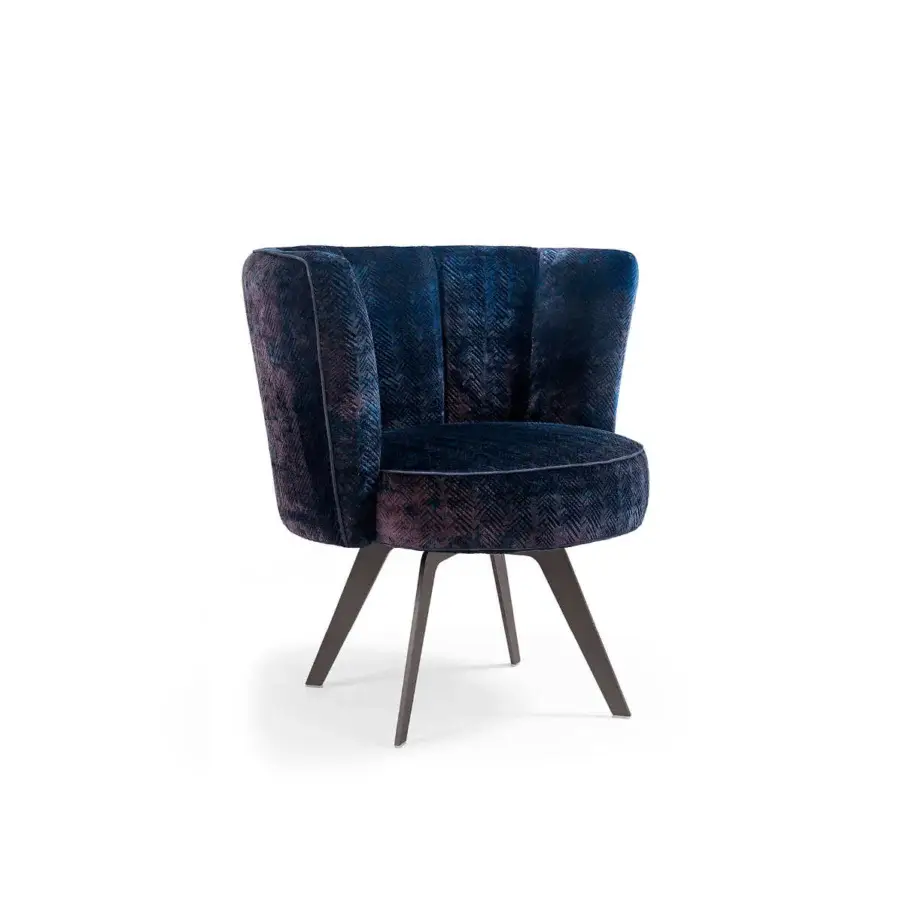 Distinguished Borzalino Diva lounge chair with art deco shell upholstered in deep blue patterned fabric and dark lacquered metal base