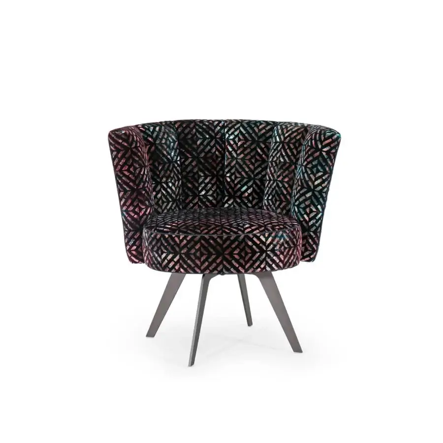Lavish Borzalino Diva lounge chair with shell backrest upholstered in geometric black, pink, and turquoise textile with lacquered metal base