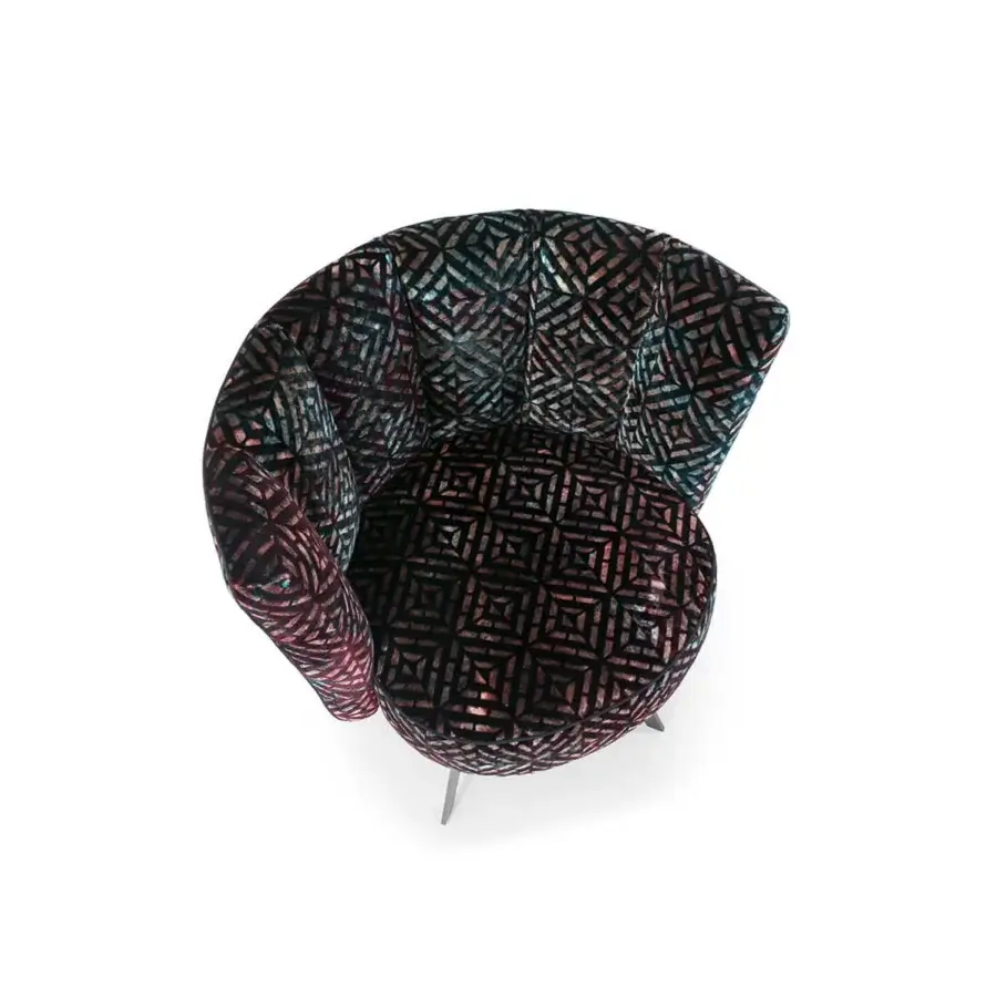 Superior Borzalino Diva lounge chair with art deco shell backrest upholstered in geometric patterned textile with galvanized metal base