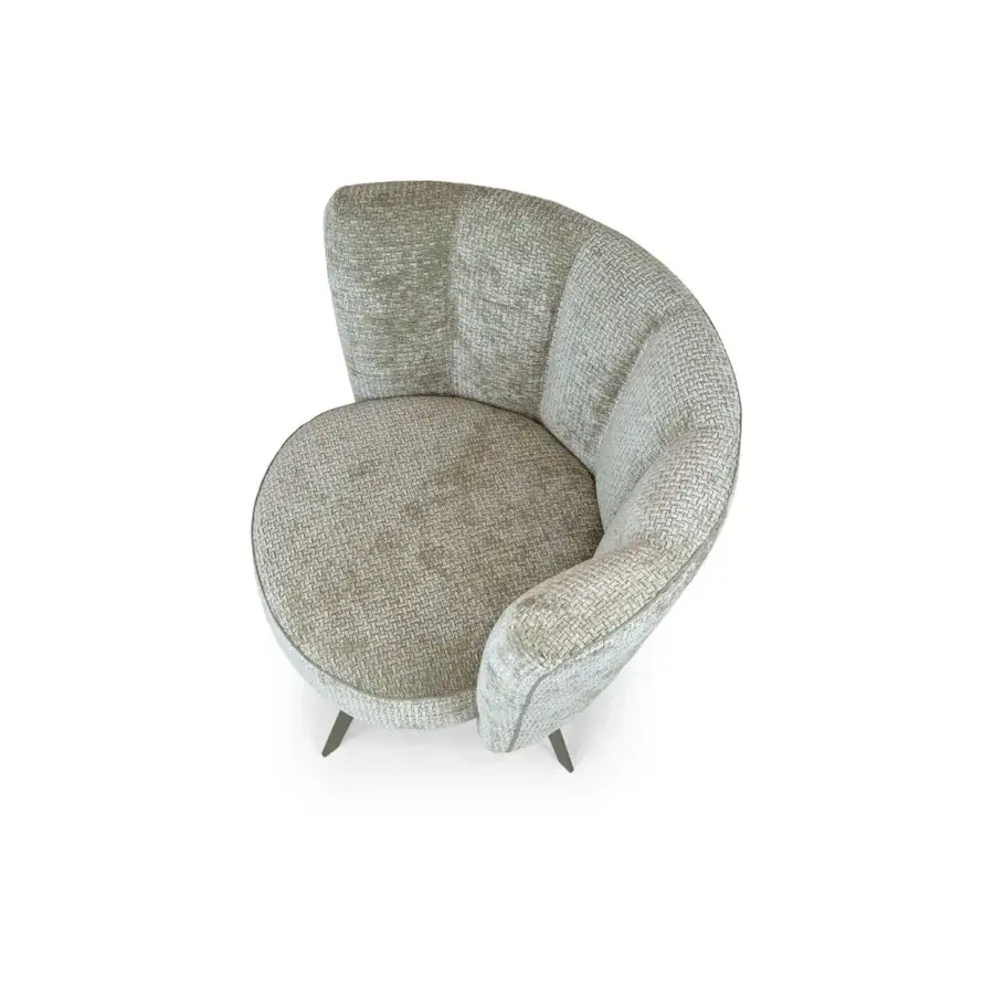 Distinguished Borzalino Diva lounge chair with art deco shell backrest upholstered in light beige textured textile with lacquered metal base