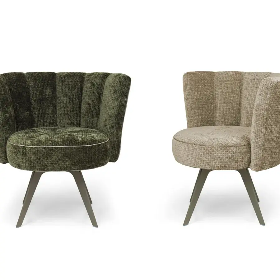 Superior Borzalino Diva lounge chair with wraparound shell backrest upholstered in textured olive-green fabric and lacquered metal base