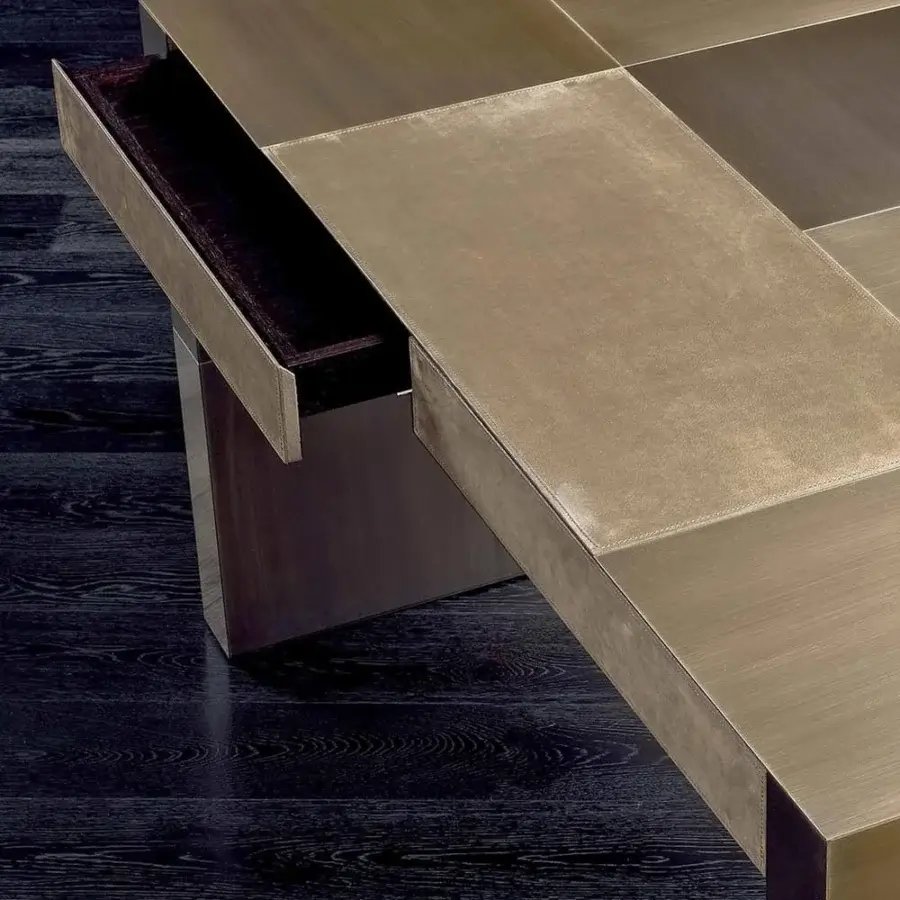 Distinguished Rugiano Florida Lux desk with checkered tan leather and matte brown wood, built with a bronze or steel structure
