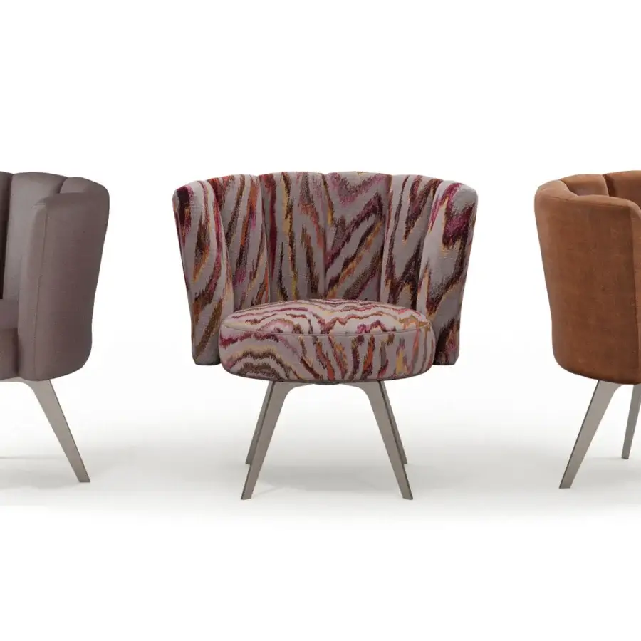 Distinguished Borzalino Diva lounge chair with creatively shaped brown textile upholstery and light-colored matte metal legs