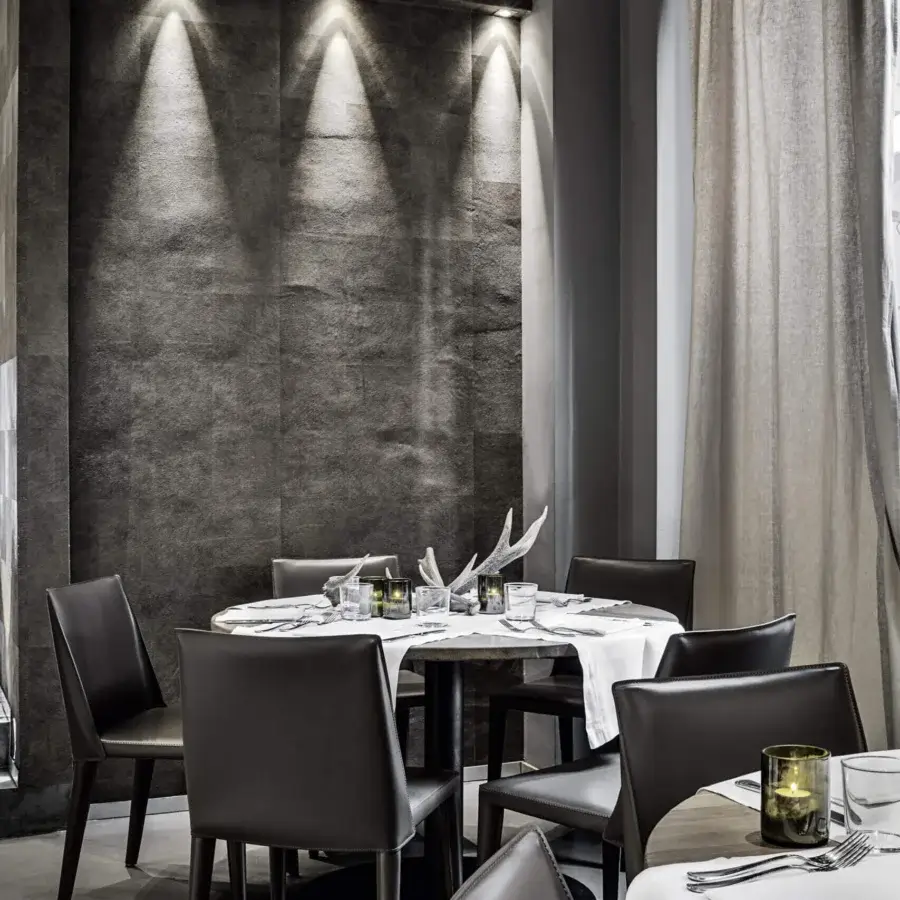 Superior Frag Dindi chair fully upholstered in saddle leather with a dark finish and flexible spring steel back