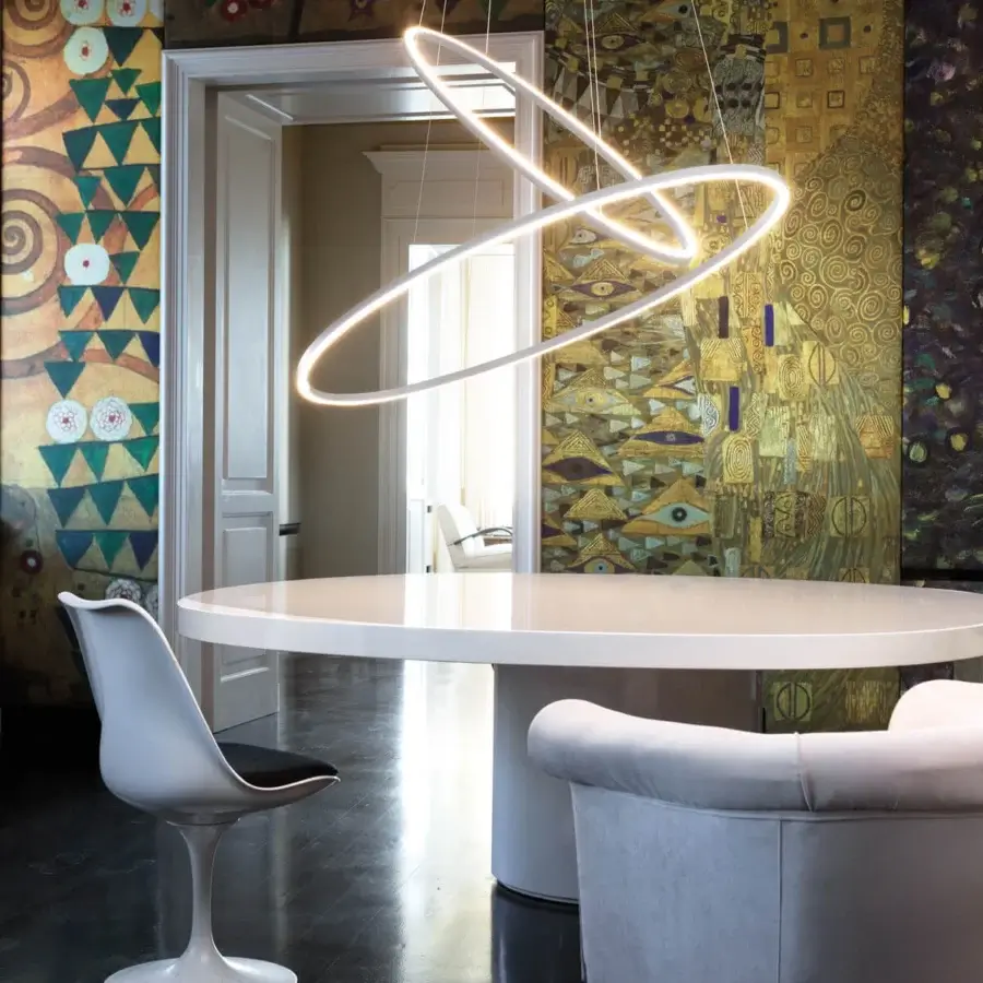 Exceptional Nemo Ellisse Double suspension lamp with interconnected elliptical rings and smooth matte white finish