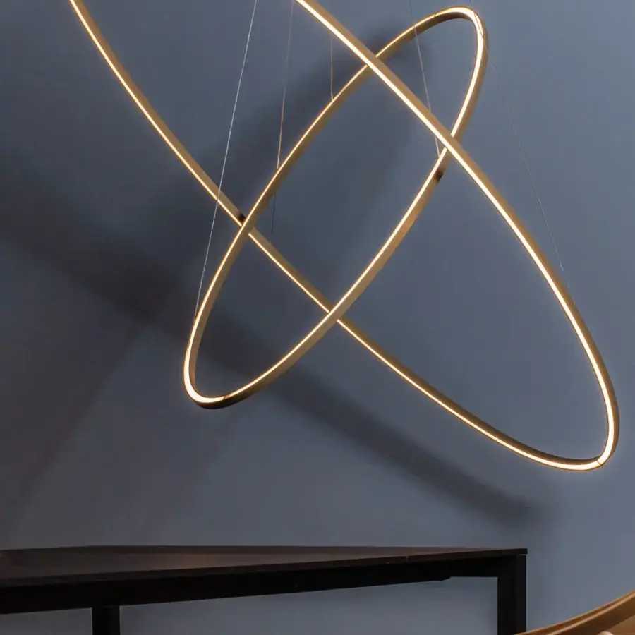 Exclusive Nemo Ellisse Double suspension lamp with intersecting light golden elliptical rings crafted with innovative technology