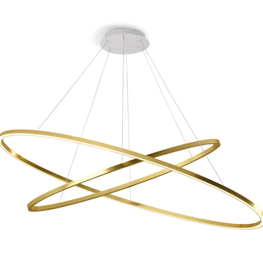 Innovative Nemo Ellisse Double suspension lamp with intersecting gold elliptical rings crafted in Italy for a floating effect