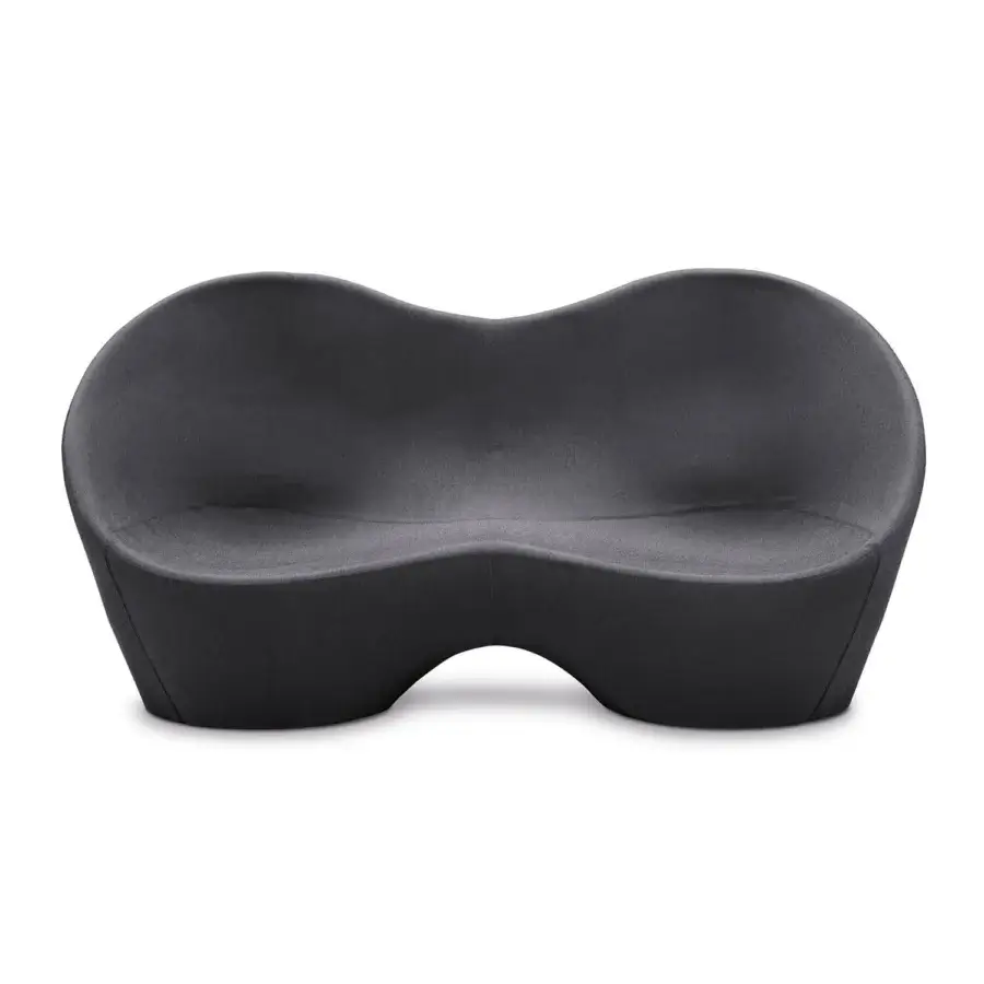 Distinctive Casamania Kouch sofa presents organic form upholstered in dark gray fire-retardant fabric with continuous seat and backrest