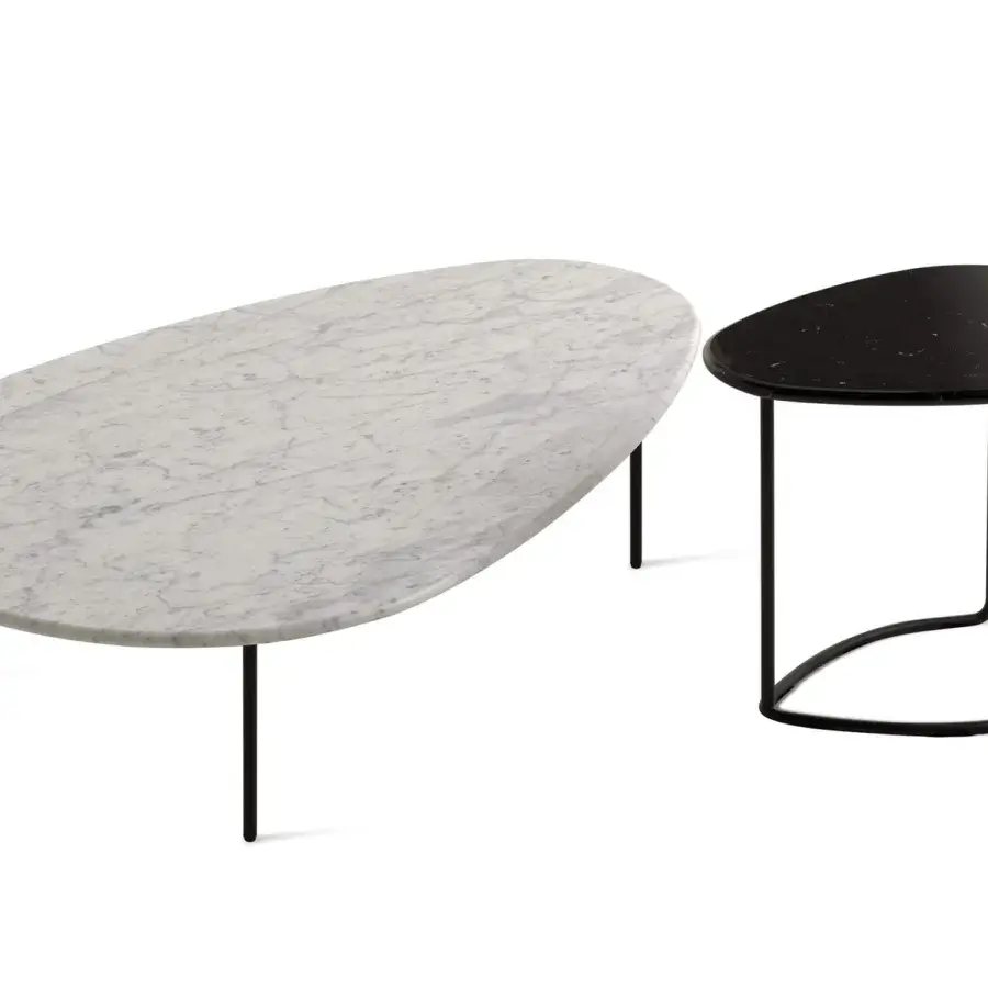 Elegant Casamania Lily coffee table with white marble top and black painted metal legs inspired by nymphaeaceae architecture