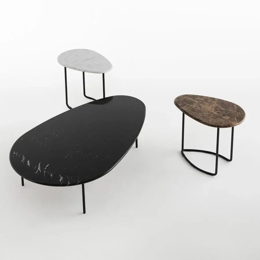 Distinctive Casamania Lily coffee table with elongated oval top in black marble-patterned finish and slender black painted metal legs