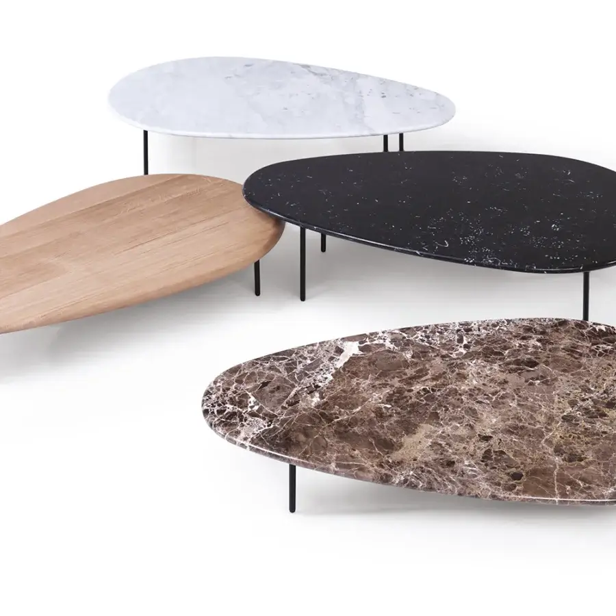 Distinguished Casamania Lily coffee table with pebble-like silhouettes and smooth wood tops built with sleek painted black metal bases
