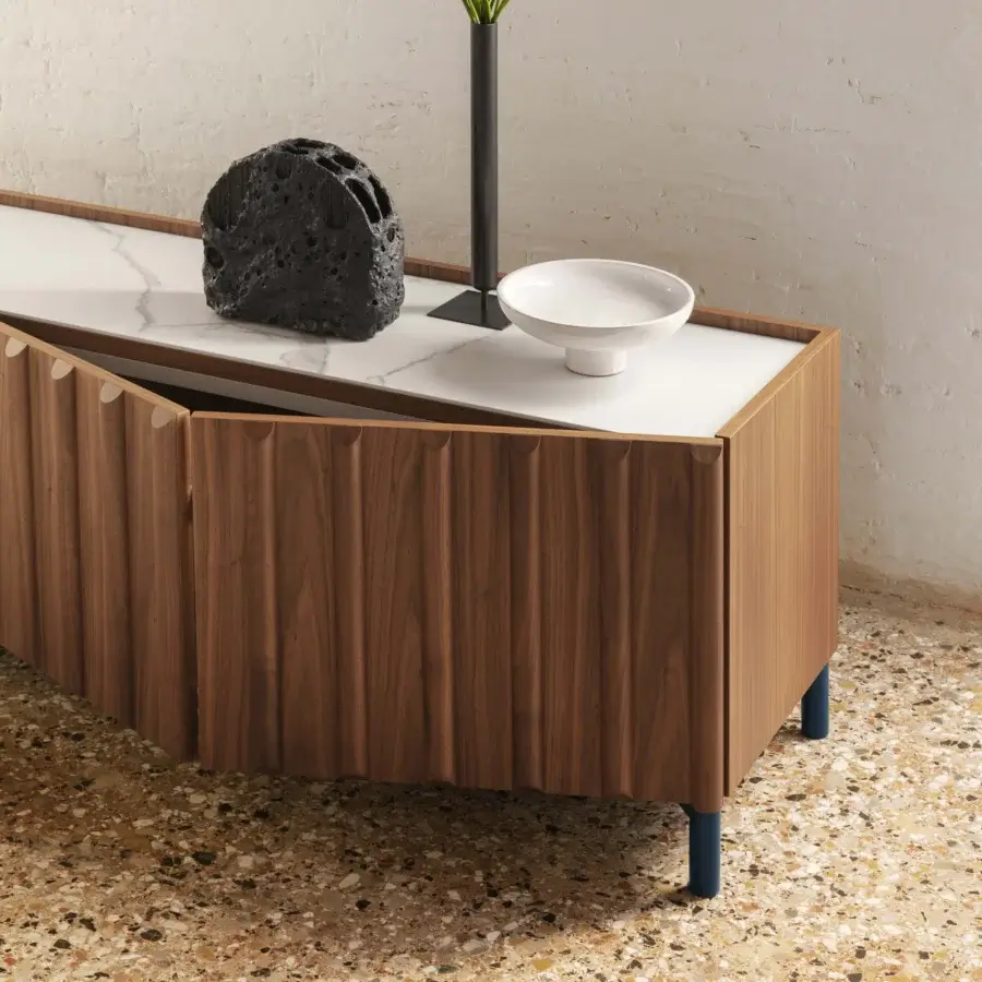 Exceptional Miniforms Container sideboard in medium wood with fluted doors and contrasting white top supported by dark blue legs
