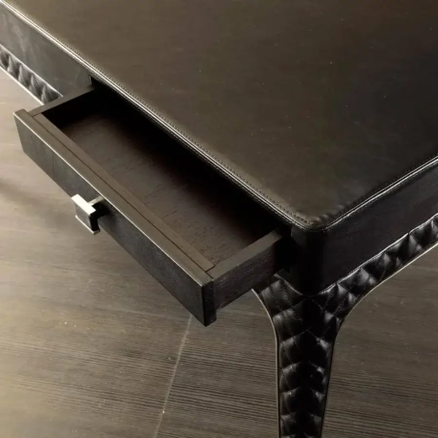Exceptional Rugiano Coline desk with black leather top and refined matelassé embroidery in steel or bronze finish