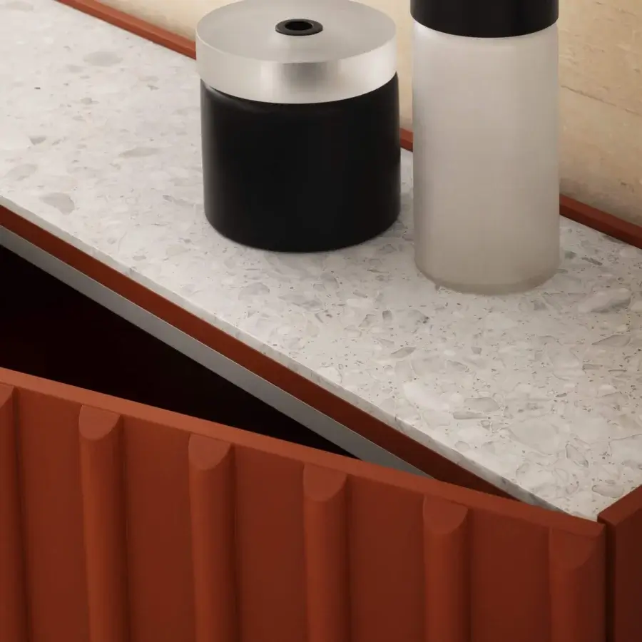 Superior Miniforms Container sideboard with terracotta lacquered finish and terrazzo composite top built in Italy