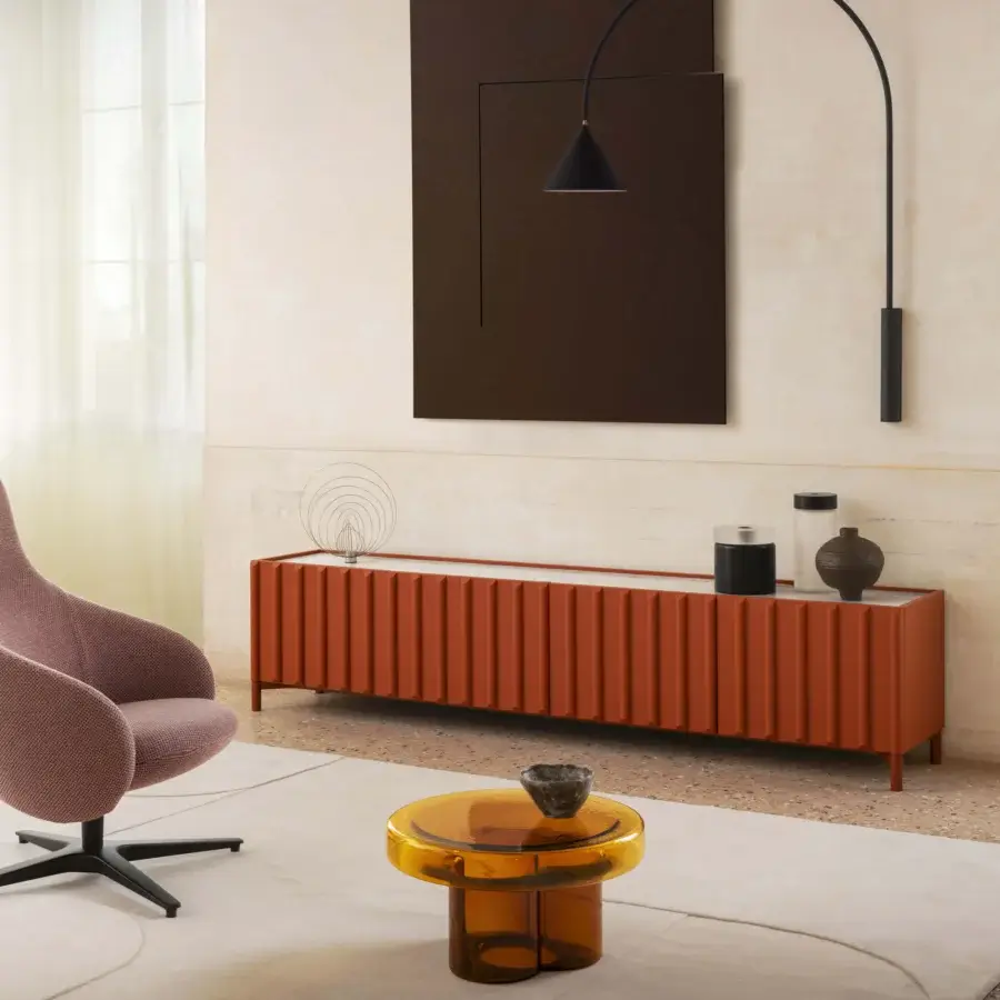 Distinguished Miniforms Container sideboard with reddish-brown grooved facade and light-toned top built with slatted bi-fold doors