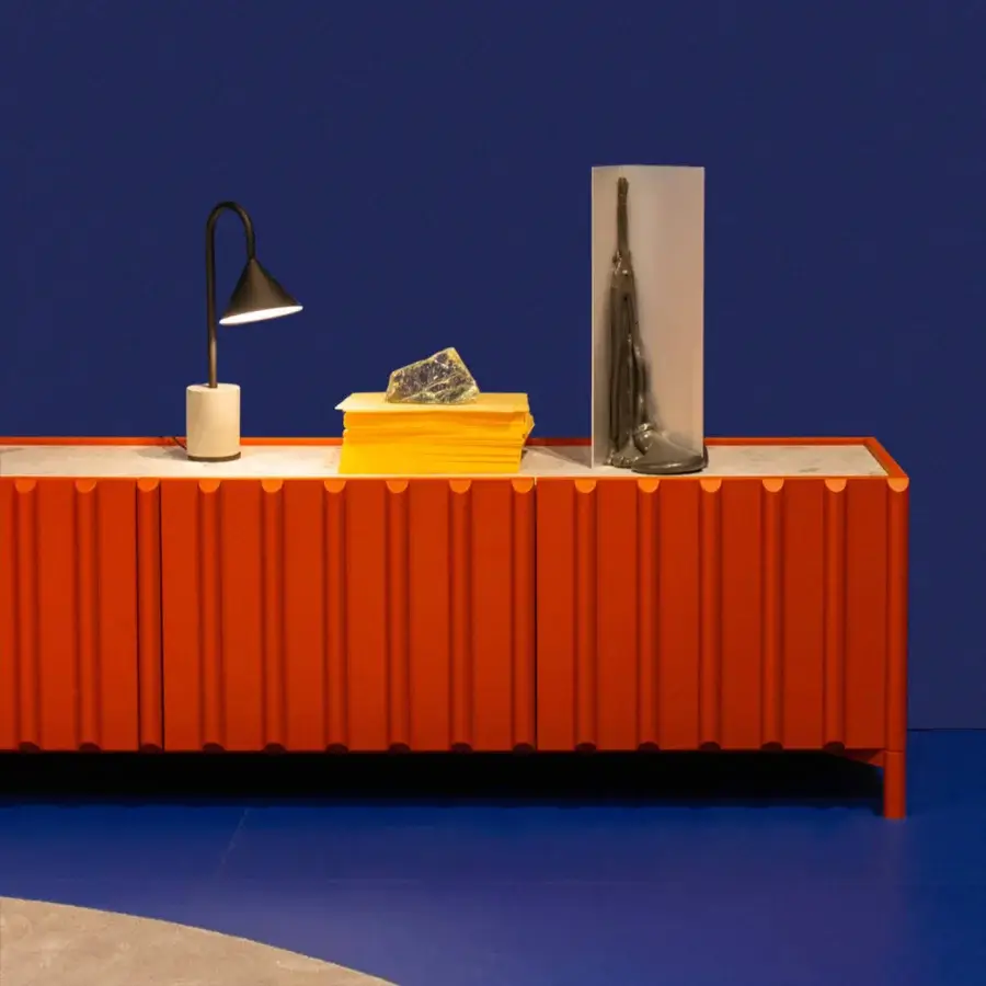 Exceptional Miniforms Container sideboard with vibrant orange matte finish and contrasting light gray top built in Italy
