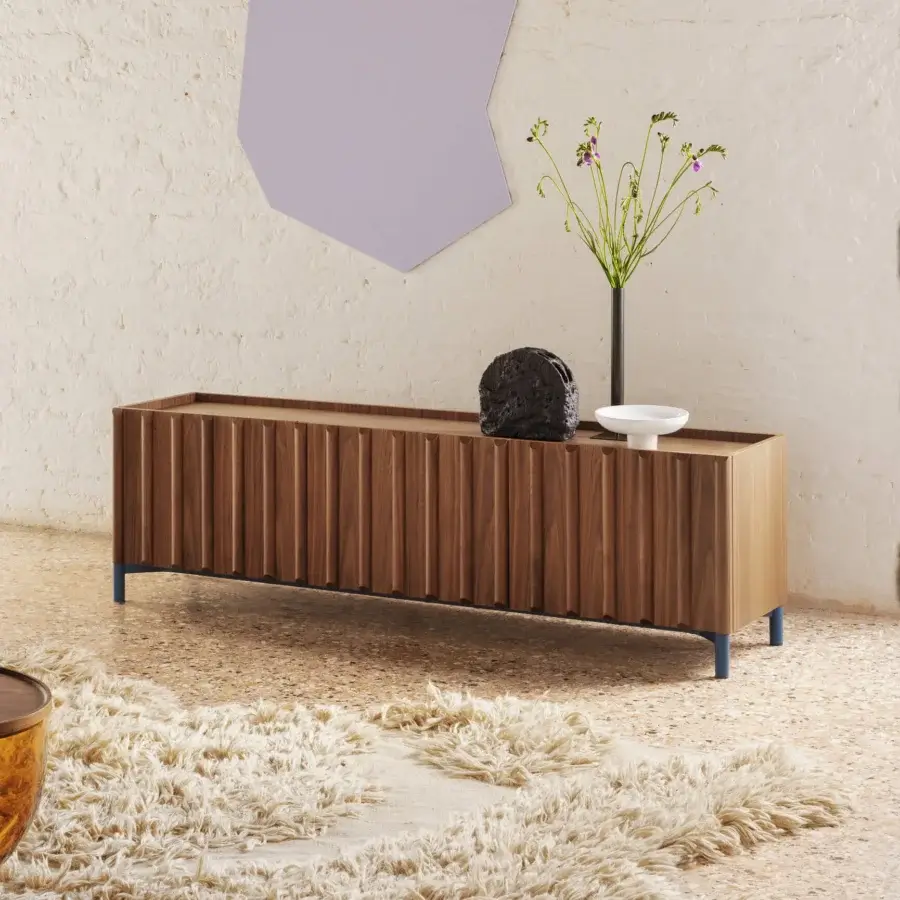 Distinguished Miniforms Container sideboard with vertically ribbed panels in medium-toned brown wood and blue lacquered legs