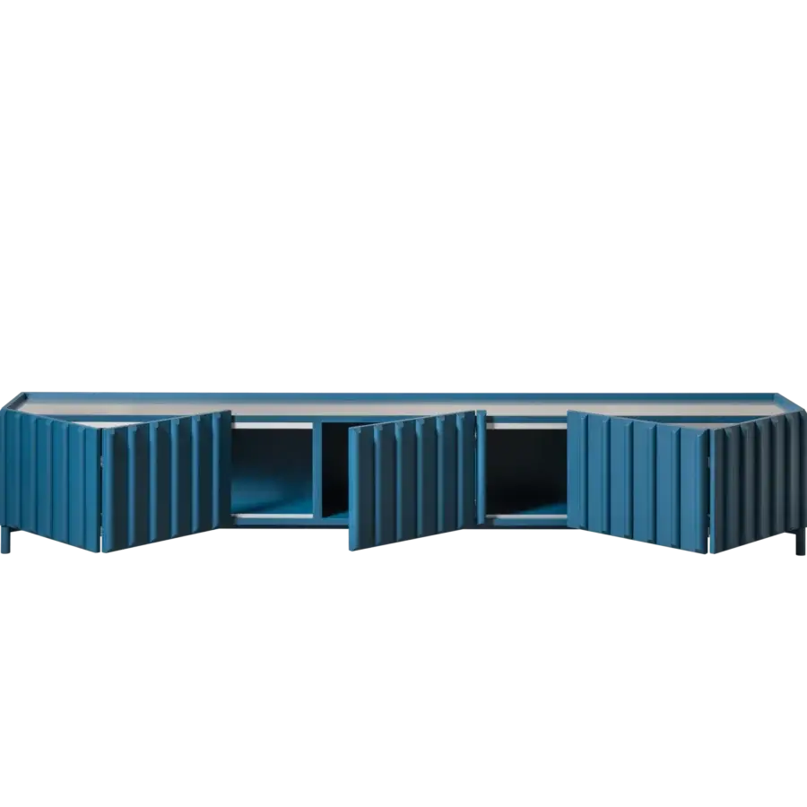 Elegant Miniforms Container sideboard with a wood finish in medium blue, showcasing a slatted front built with bi-fold doors