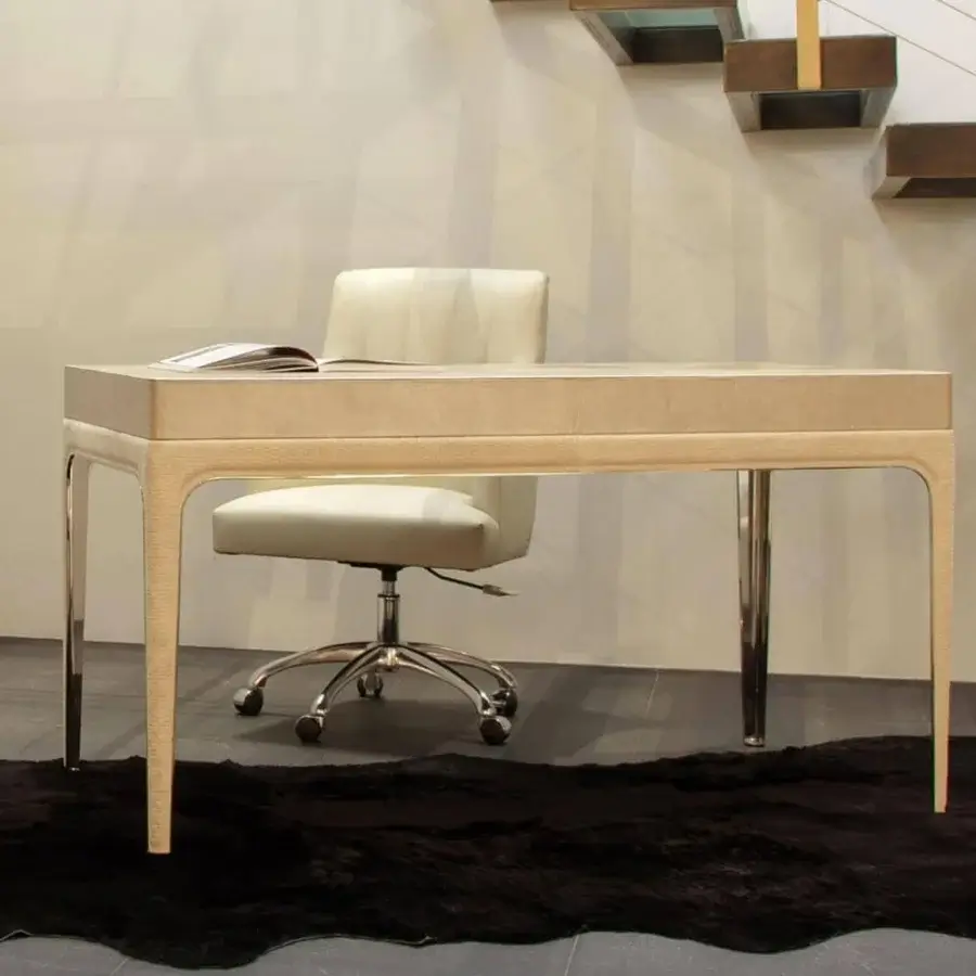 Distinguished Rugiano Coline desk with light beige leather cover and refined matelassé embroidery built on steel legs