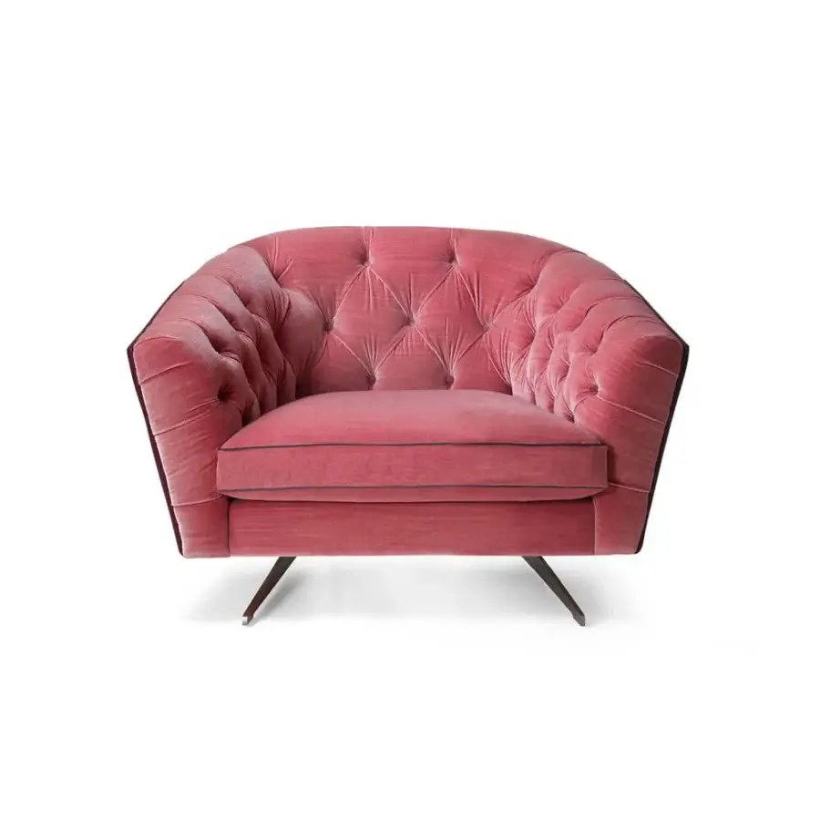 Handcrafted Borzalino New Kap lounge chair with pink textile upholstery and dark lacquered metal legs