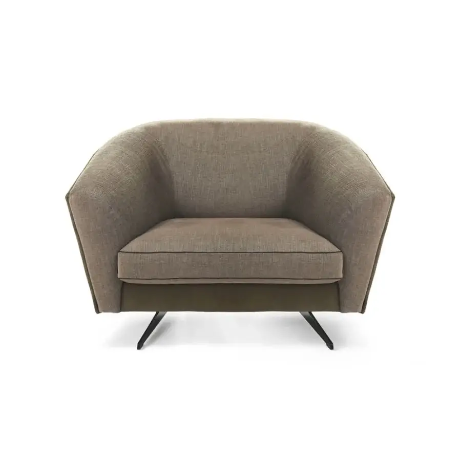 Distinguished Borzalino New Kap lounge chair with muted brown textile upholstery and lacquered metal legs crafted with handmade quilting
