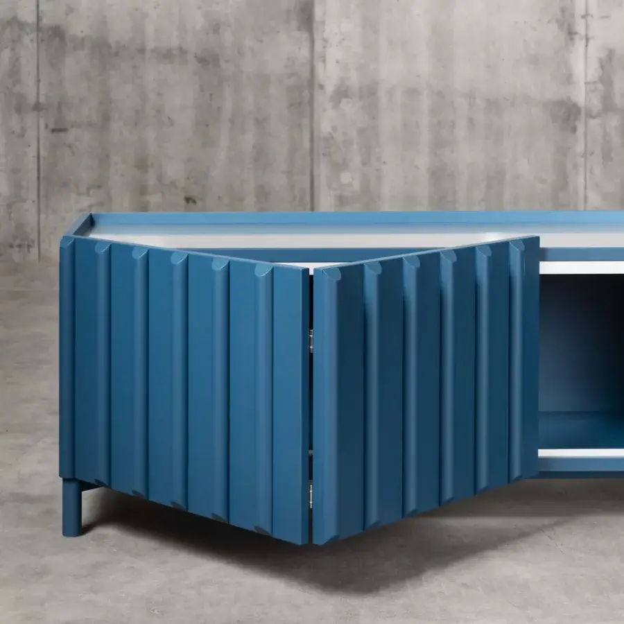 Exceptional Miniforms Container sideboard with a matte blue lacquer and slatted bi-fold doors crafted in Italy