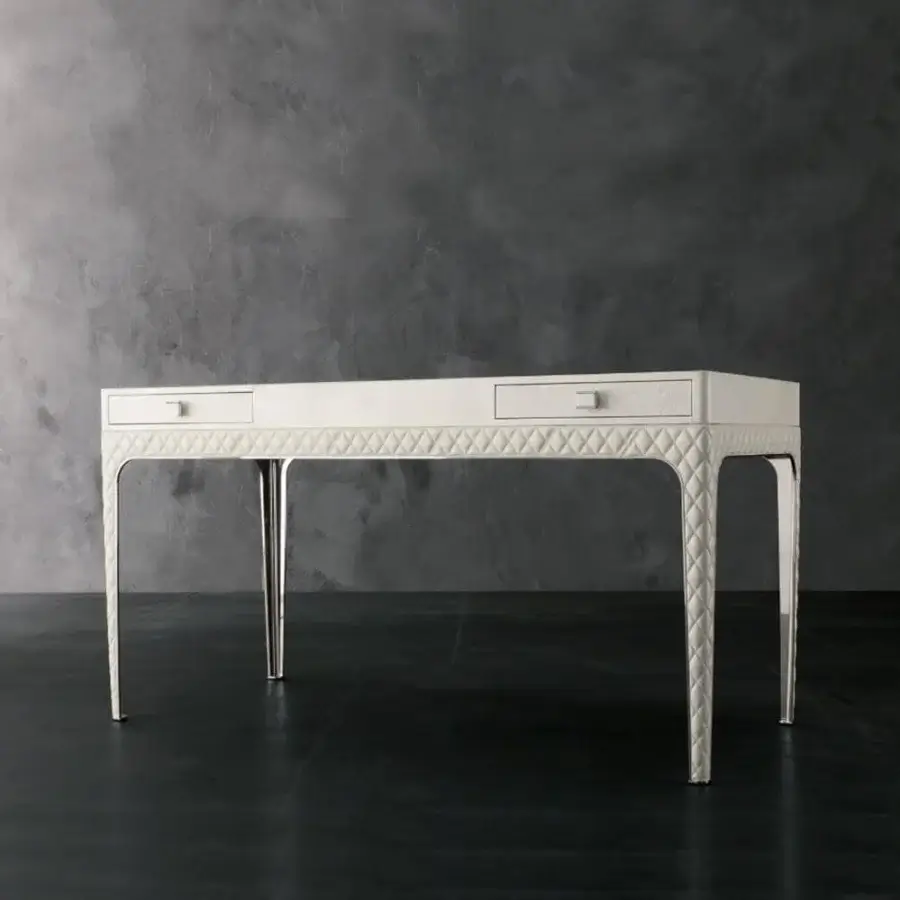 Exceptional Rugiano Coline desk with off-white synthetic material and steel accents, crafted with refined matelassé embroidery and rectangular handles