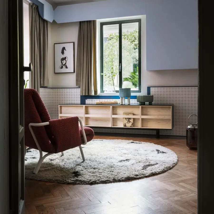 Exceptional Miniforms Ramblas sideboard with thin wooden lines and book-like opening in light natural wood with a contrasting dark top