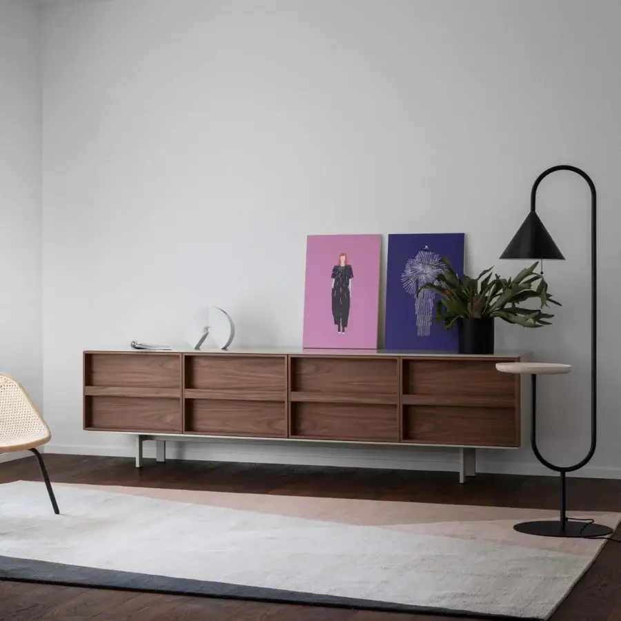 Elegant Miniforms Ramblas sideboard crafted in warm brown wood with off-white frame and book-like doors