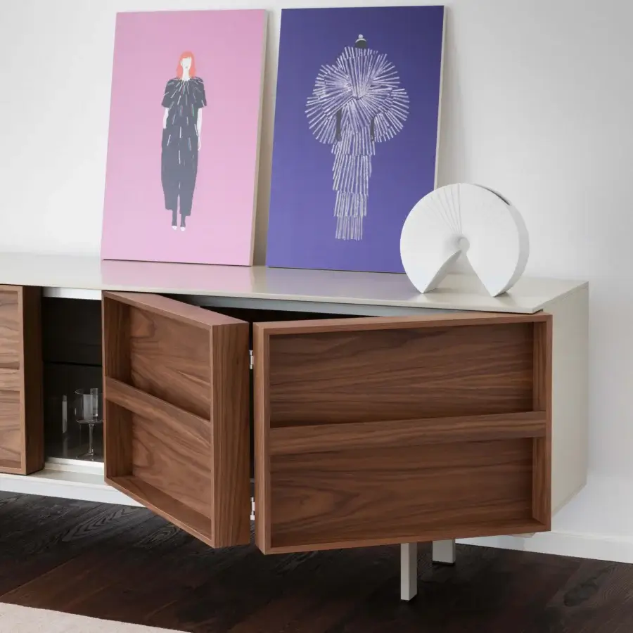 Distinguished Miniforms Ramblas sideboard in walnut with book-like doors and muted beige finish crafted with sleek metal legs