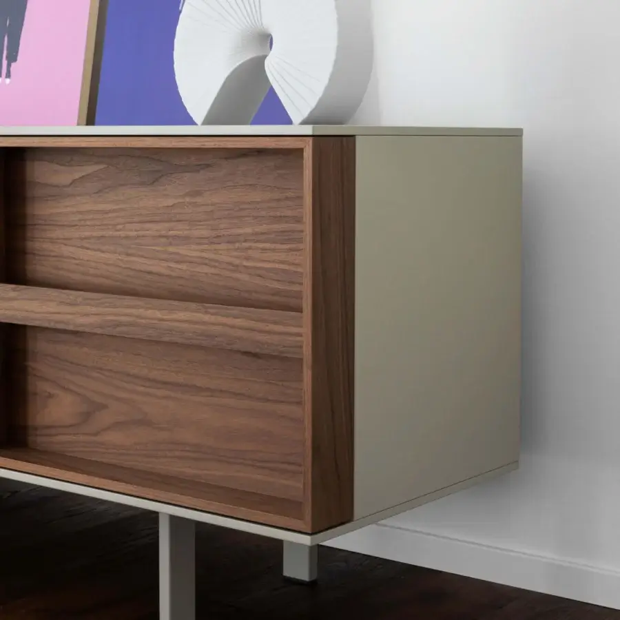 Exceptional Miniforms Ramblas sideboard crafted in warm brown wood with light-grey matte frame and unique book-like doors