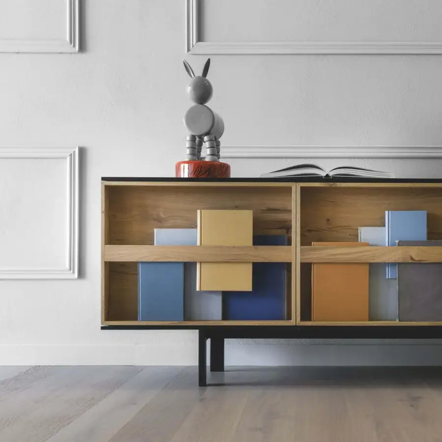 Exceptional Miniforms Ramblas sideboard with thin wooden lines, book-like doors, and matte application