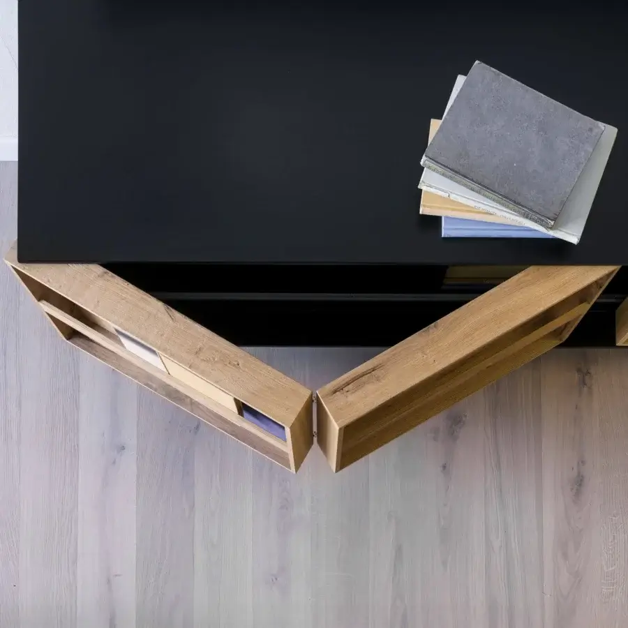 Superior Miniforms Ramblas sideboard with light wood doors, dark matte body, and geometric silhouette crafted in Italy