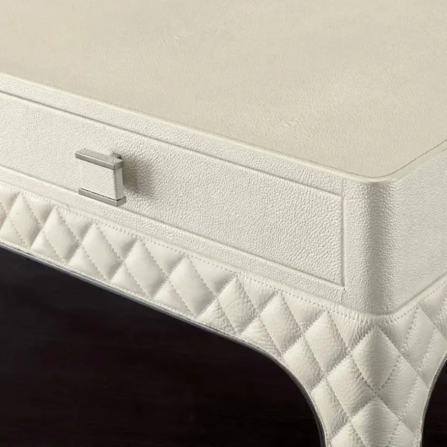 Superior Rugiano Coline desk with light beige leather surface and refined matelassé embroidery in a steel finish