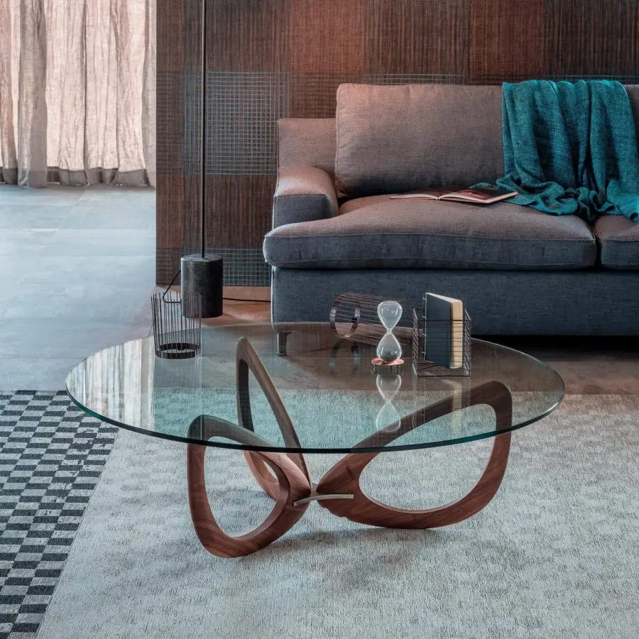 Distinguished Cattelan Italia Helix coffee table with wide circular glass top and warm brown solid wood propeller-inspired base