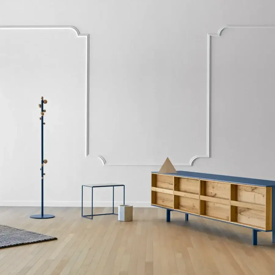 Elegant Miniforms Ramblas sideboard with natural wood cabinet sections and matte blue exterior surfaces crafted in Italy
