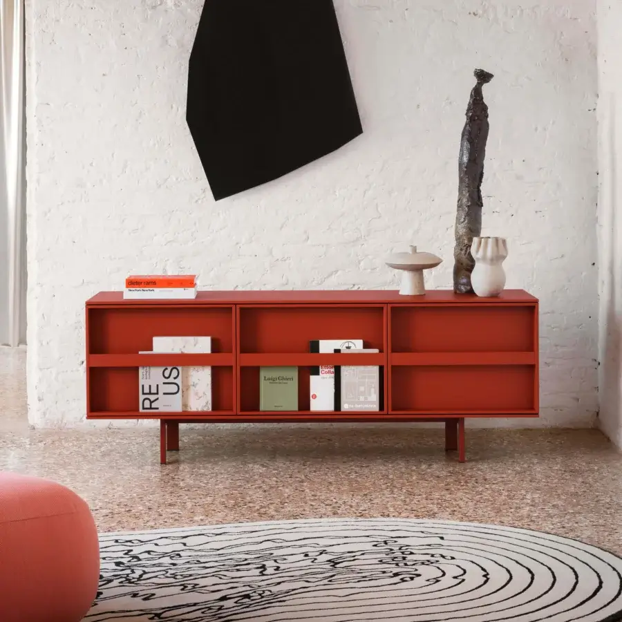 Distinguished Miniforms Ramblas sideboard with thin wooden lines, book-like doors and matte red finish crafted in Italy