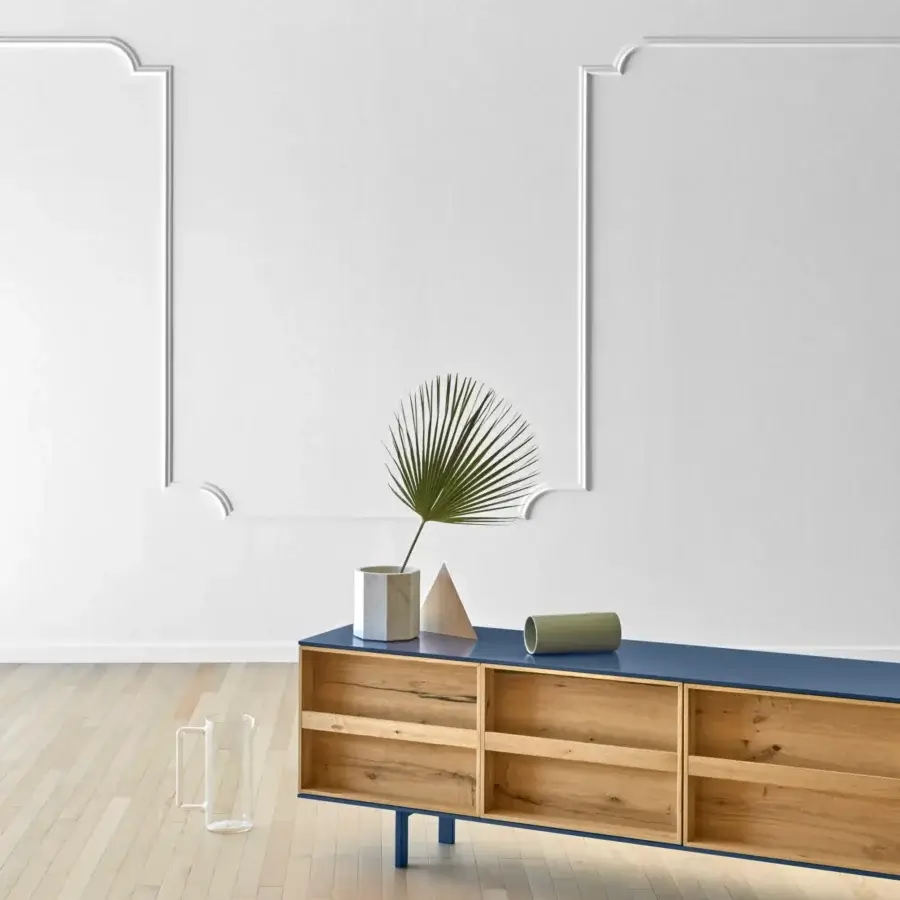 Superior Miniforms Ramblas sideboard crafted in Italy with natural wood drawers and cool blue matte surfaces