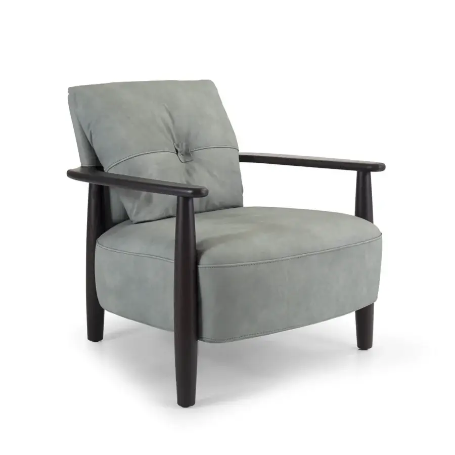 Refined Borzalino Lisa lounge chair with soft gray fabric upholstery and lacquered oak structure crafted in Italy